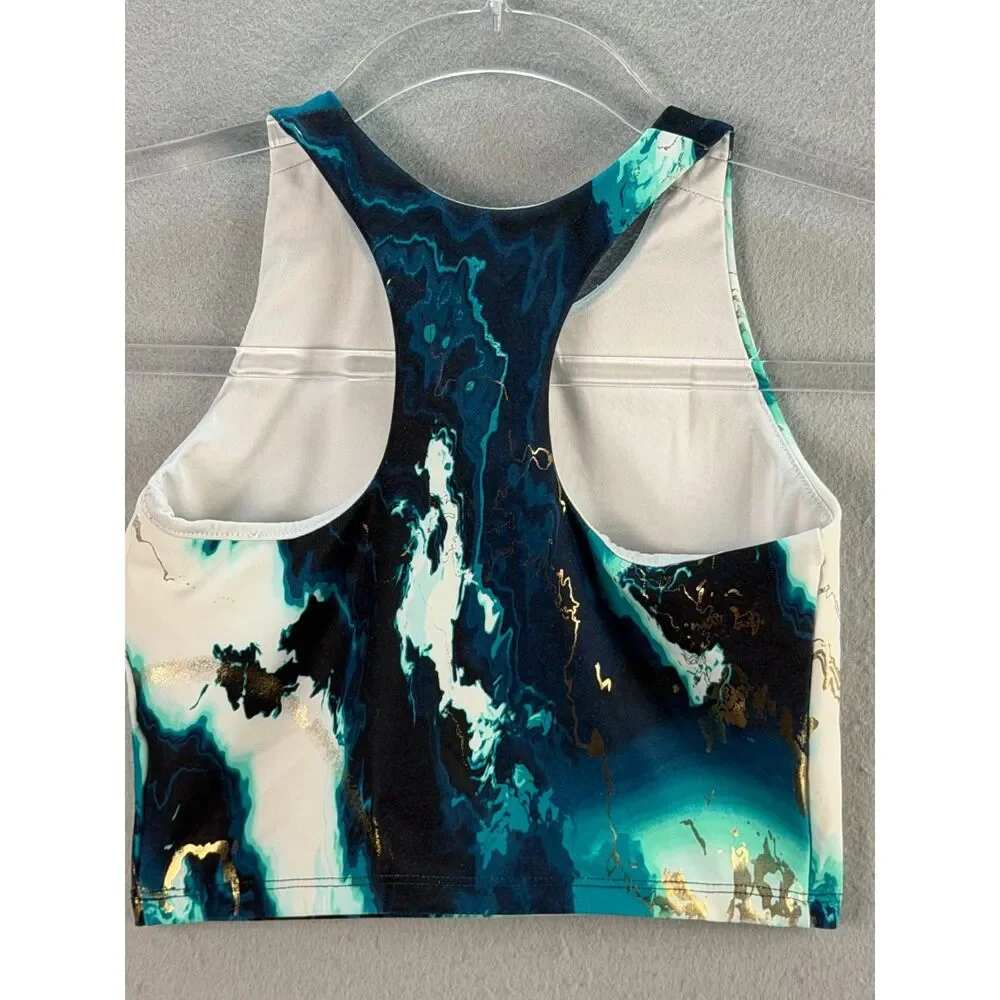 Old Navy PowerSoft Girls M 8 Teal Gold Marble Longline Sports Bra Crop Top